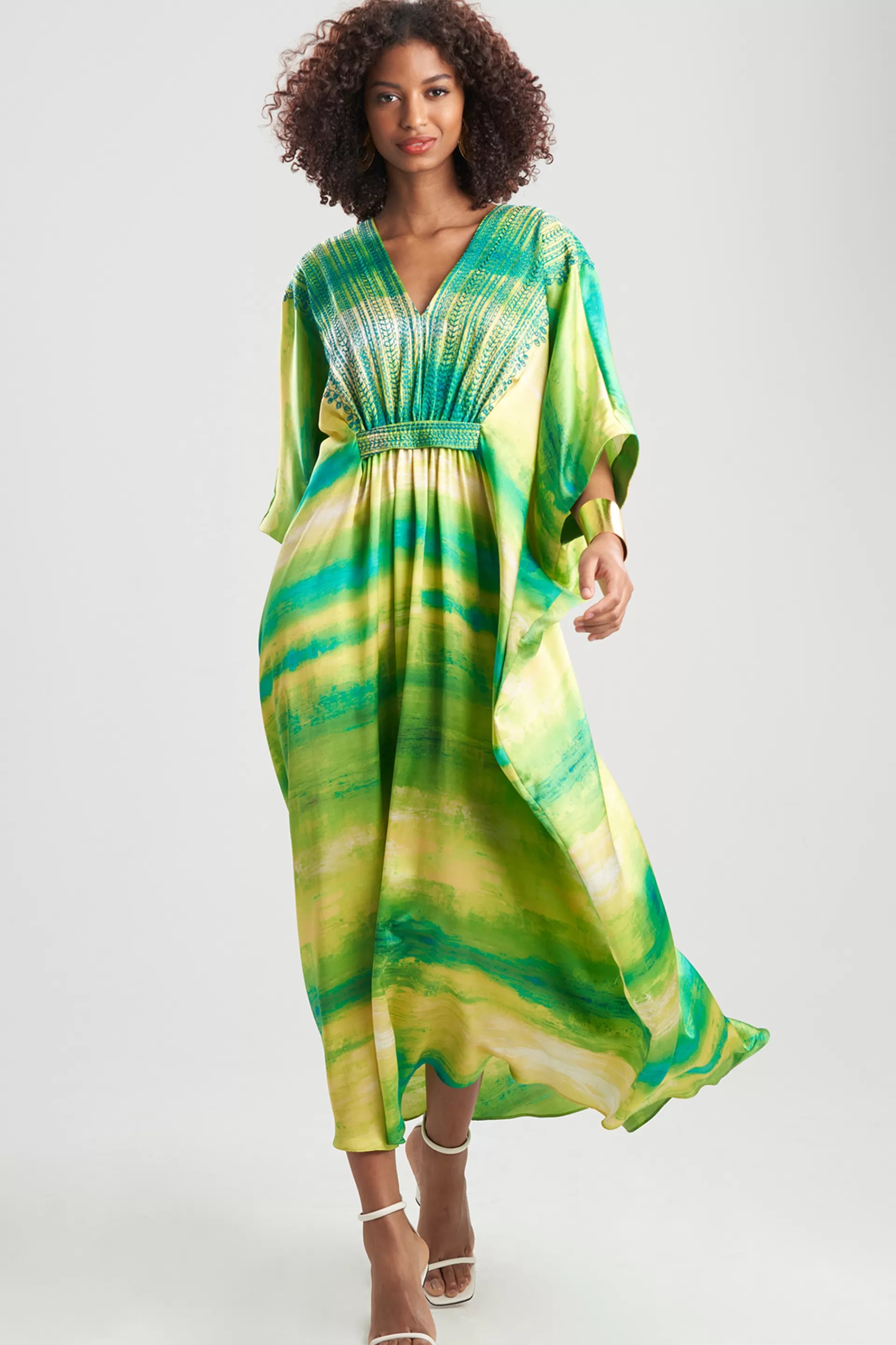 Natori Caftan Dresses<Yoriko Embroidery Silk Caftan Chartreuse