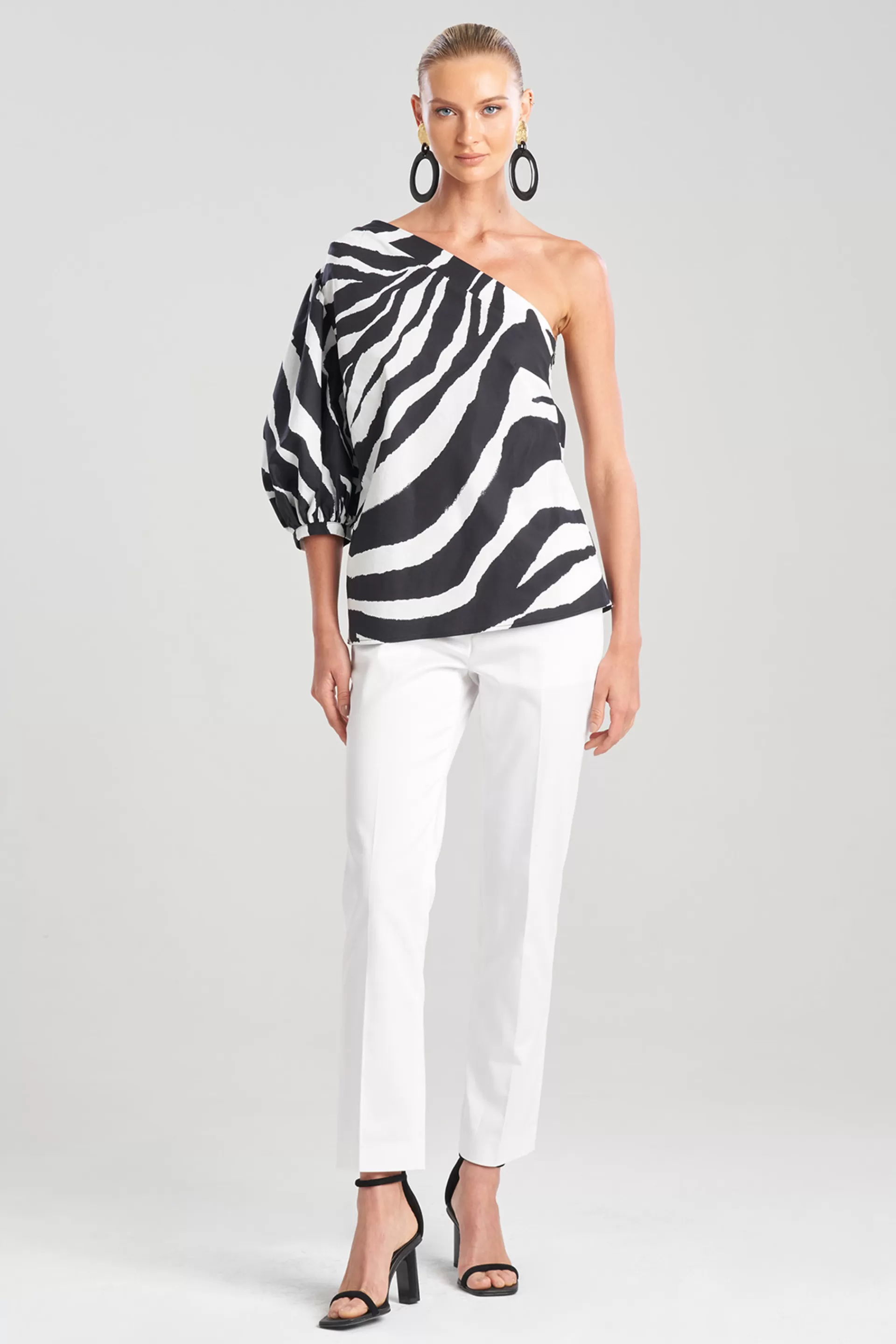 Natori Tops, Shirts & Tunics<Zebra Cotton Poplin Balloon One Shoulder Top Black/White