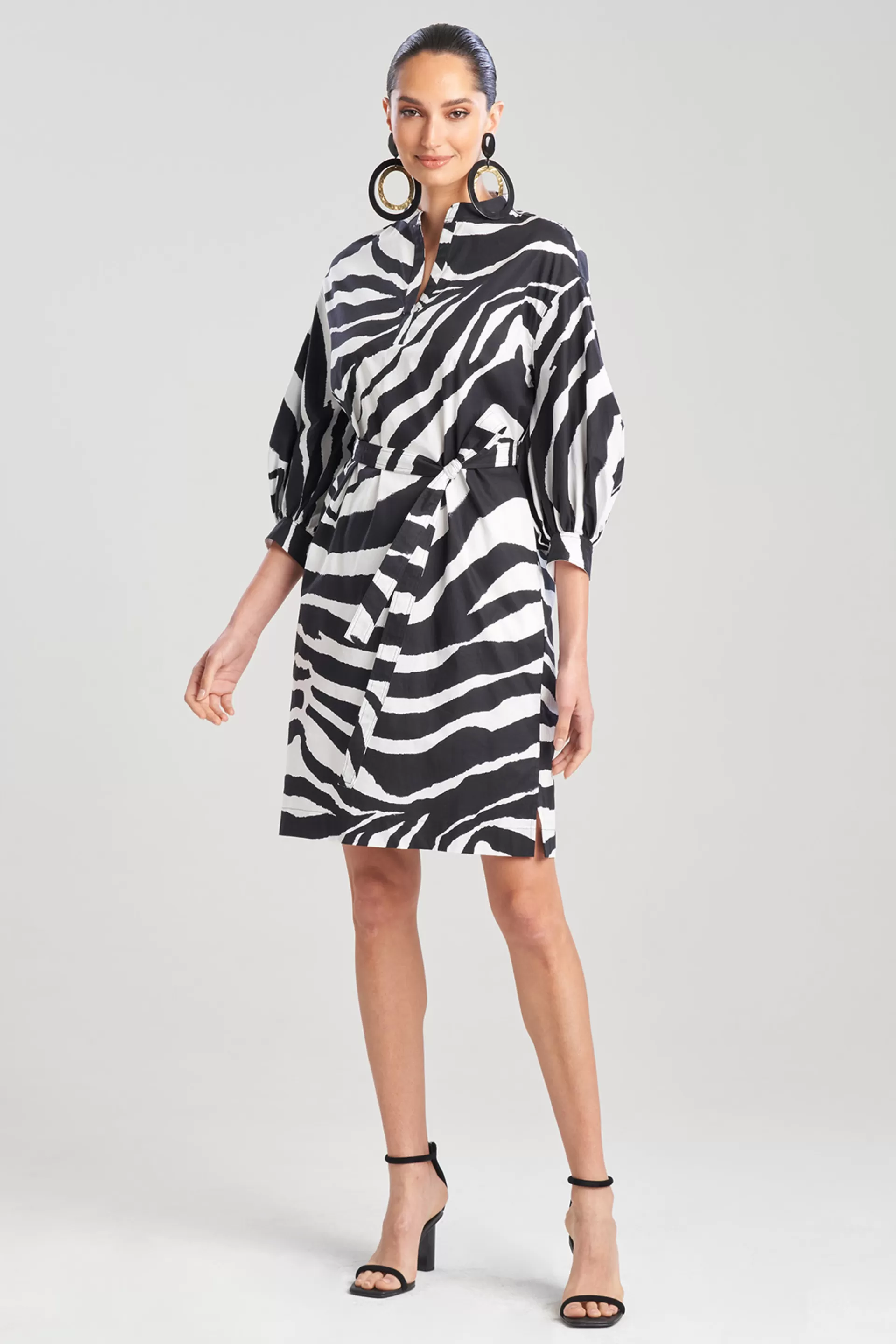 Natori Dresses<Zebra Cotton Poplin Balloon Sleeve Belted Shirtdress Black/White