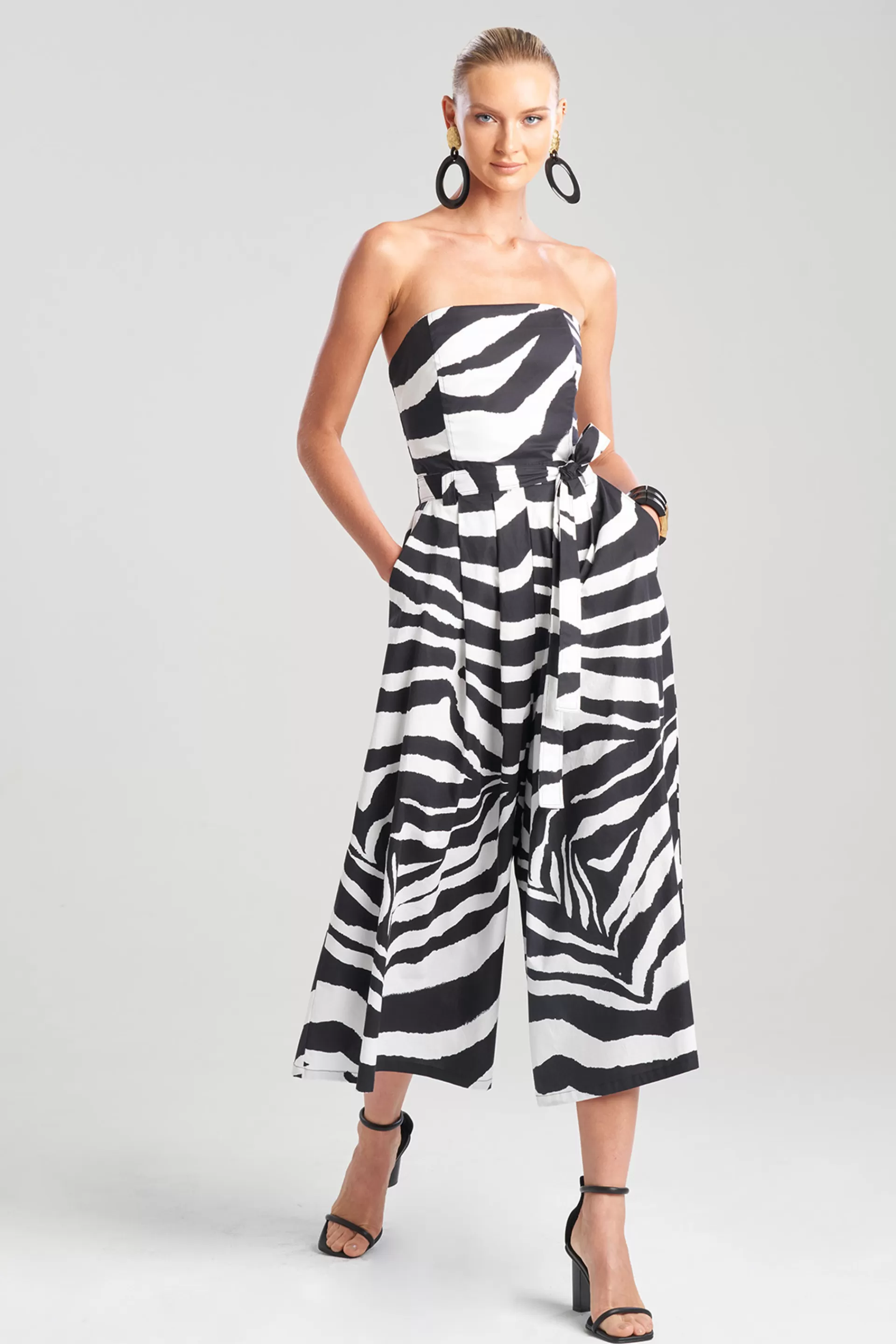 Natori Jumpsuits<Zebra Cotton Poplin Bustier Belted Palazzo Jumpsuit Black/White