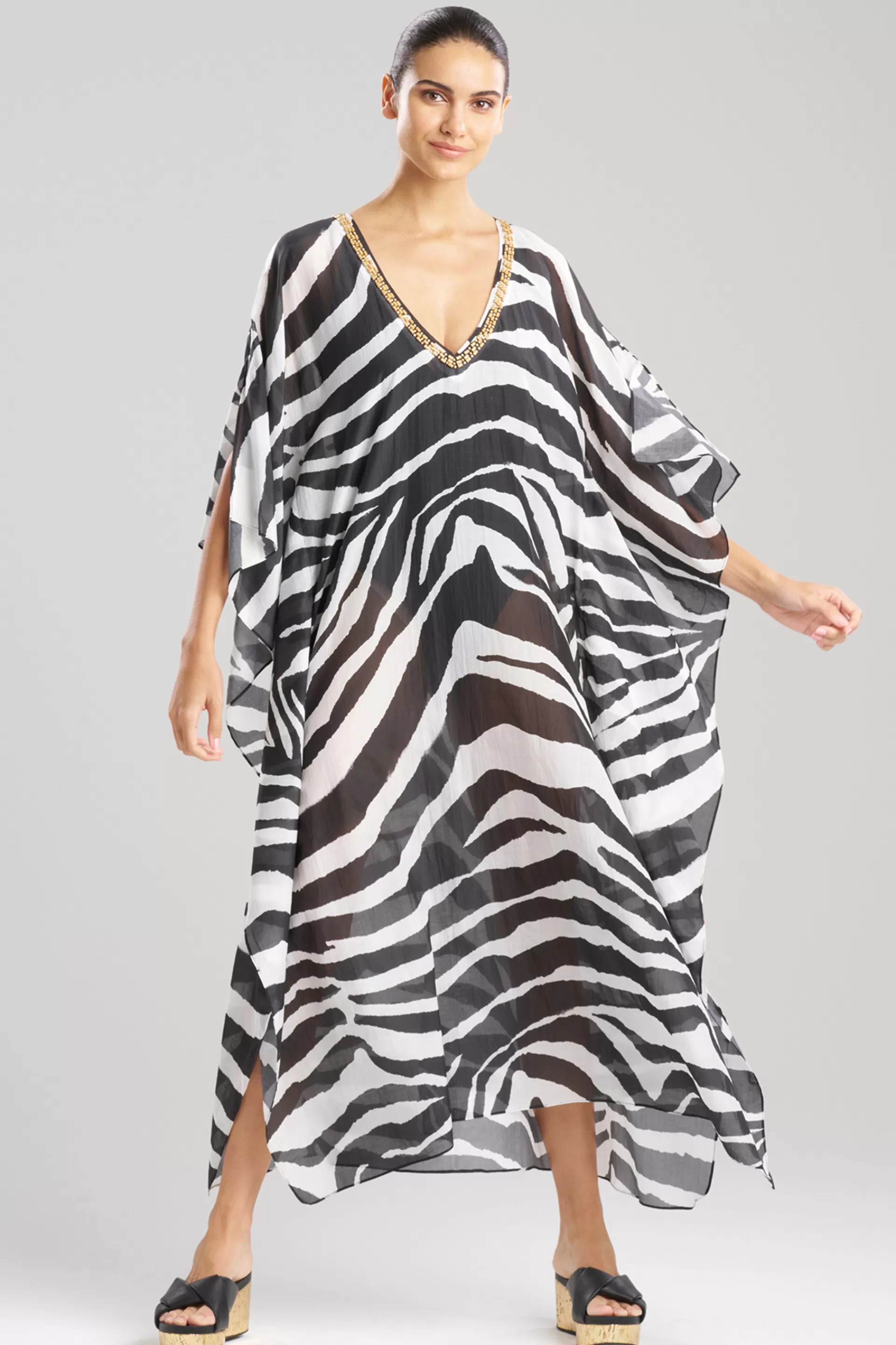 Natori Beach Caftans<Zebra Cotton Silk Beaded Sheer Caftan Black/White