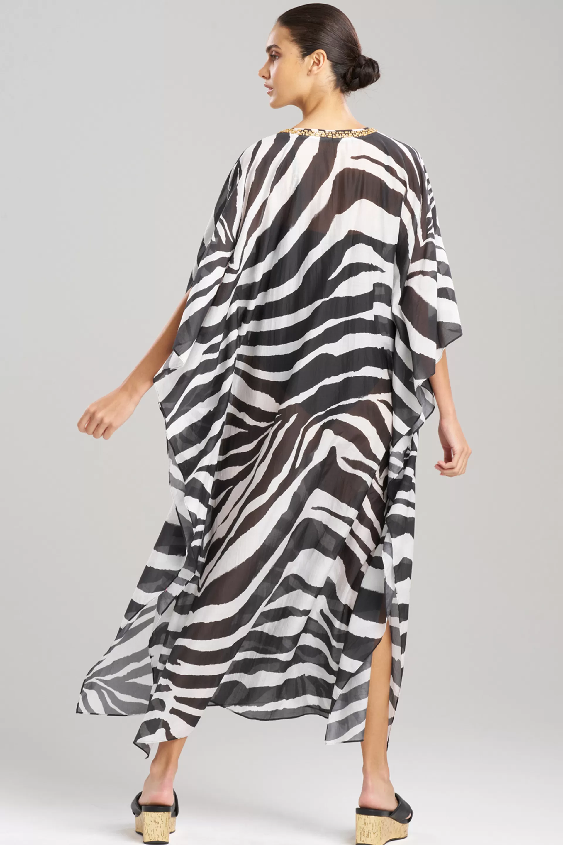 Natori Beach Caftans<Zebra Cotton Silk Beaded Sheer Caftan Black/White